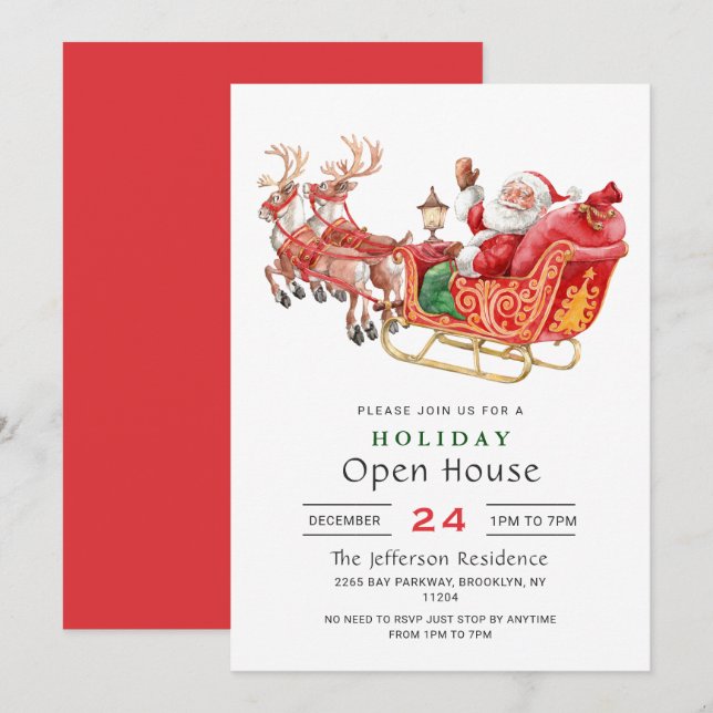 Santa Claus Sleigh Christmas Holiday Open House Invitation (Front/Back)