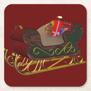 Santa Claus Sleigh in 3D Christmas Square Paper Coaster