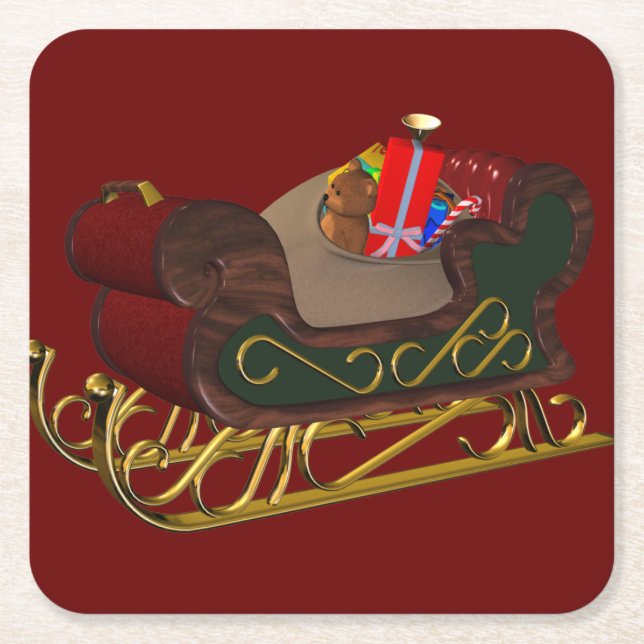 Santa Claus Sleigh in 3D Christmas Square Paper Coaster (Front)