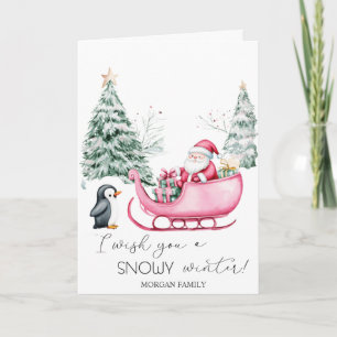  Santa Claus,Sleigh,Penguin,Forest Holiday Card