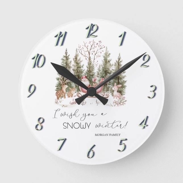  Santa Claus,Sleigh,Presents Forest Christmas Round Clock (Front)