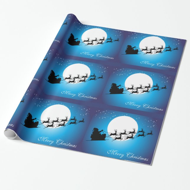 Santa Claus, Sleigh & Reindeer Against Full Moon Wrapping Paper (Unrolled)