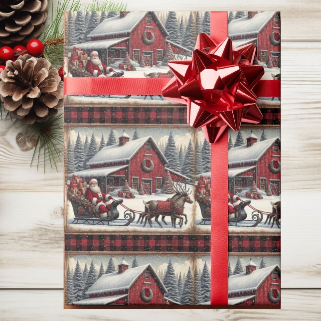 Santa Claus Sleigh Reindeer Barn Christmas Country Wrapping Paper (Creator Uploaded)