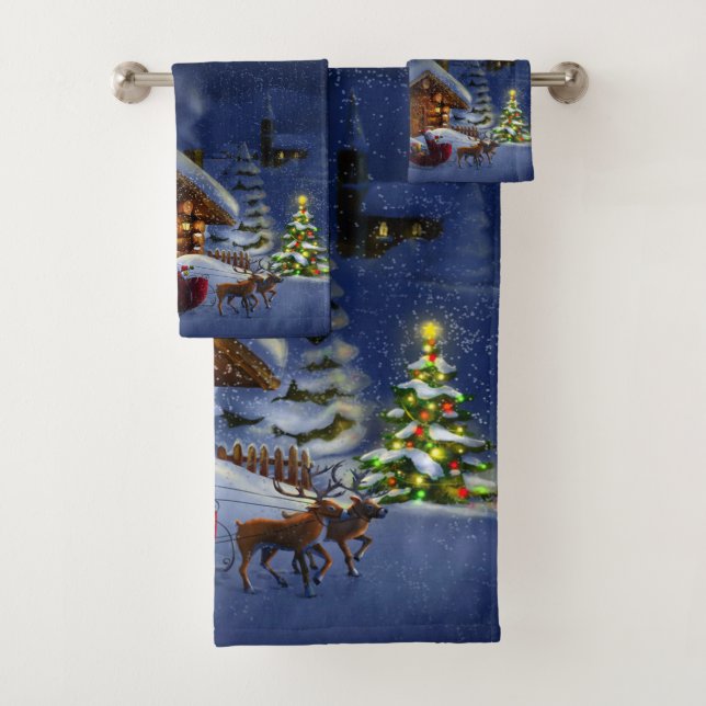 Santa Claus Sleigh Reindeer Christmas Trees Bath Towel Set (Insitu)