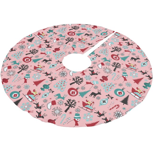 Santa Claus Sleigh Reindeer Pine Trees Art Pattern Brushed Polyester Tree Skirt (Angled)
