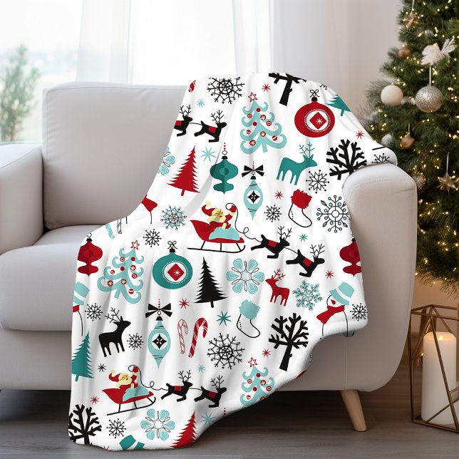 Santa Claus Sleigh Reindeer Pine Trees Art Pattern Fleece Blanket (Creator Uploaded)