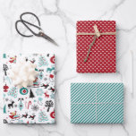 Santa Claus Sleigh Reindeer Pine Trees Art Pattern Wrapping Paper Sheet<br><div class="desc">Cute colourful Christmas holiday baubles, ornaments, trees, reindeer, sleigh, snowflakes, ice crystals, Santa Claus, stockings and candy canes design. And complimentary distressed looking white diagonal stripes patterns on trendy teal blue and traditional red backgrounds. Vintage, funky, modern hipster designs for the lover of winter and December holiday themes. Fun paper...</div>