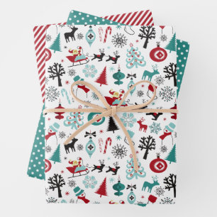 Santa Claus Sleigh Reindeer Pine Trees Art Pattern Wrapping Paper Sheet
