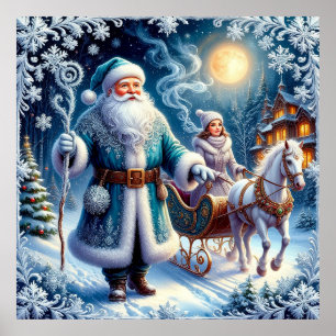 Santa Claus, Sleigh Ride, and Cozy Christmas Poster