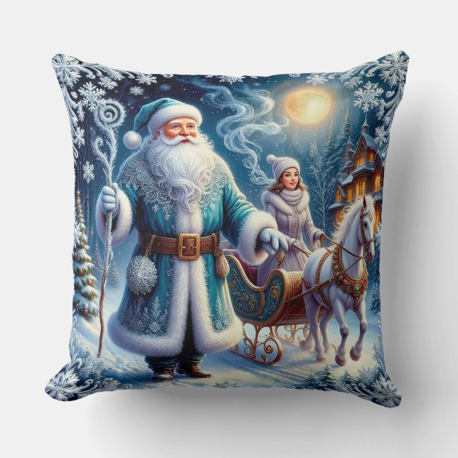 Santa Claus, Sleigh Ride, and Cozy Christmas Throw Pillow (Front)