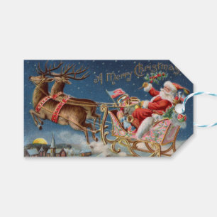 Santa Claus Sleigh with Reindeer on Christmas Eve Gift Tags