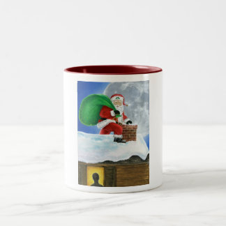 Santa Claus Sneaking on the Rooftop Two-Tone Coffee Mug