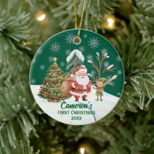 Santa Claus Snow Trees First Christmas Ceramic Ornament