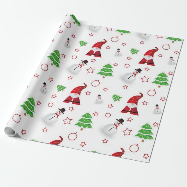 Santa Claus, snowman and pine tree motifs Wrapping Paper (Unrolled)