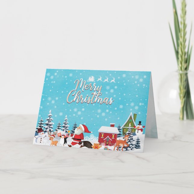Santa Claus, Snowman Merry Christmas Card (Front)