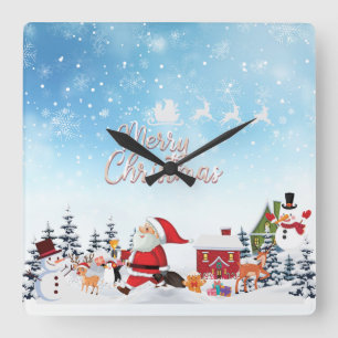 Santa Claus, Snowman Merry Christmas Holiday Square Wall Clock