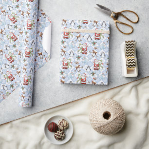 Santa Claus, Snowman, Reindeer, Cat Wrapping Paper