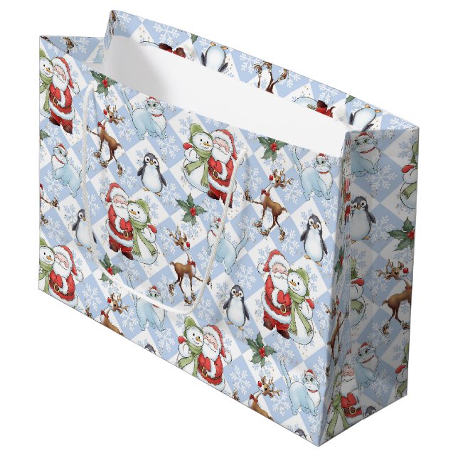 Santa Claus, Snowman, Rudolph, Cat Large Gift Bag (Front Angled)