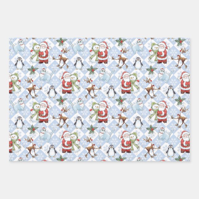 Santa Claus, Snowman, Rudolph, Cat Wrapping Paper Sheet (Front)