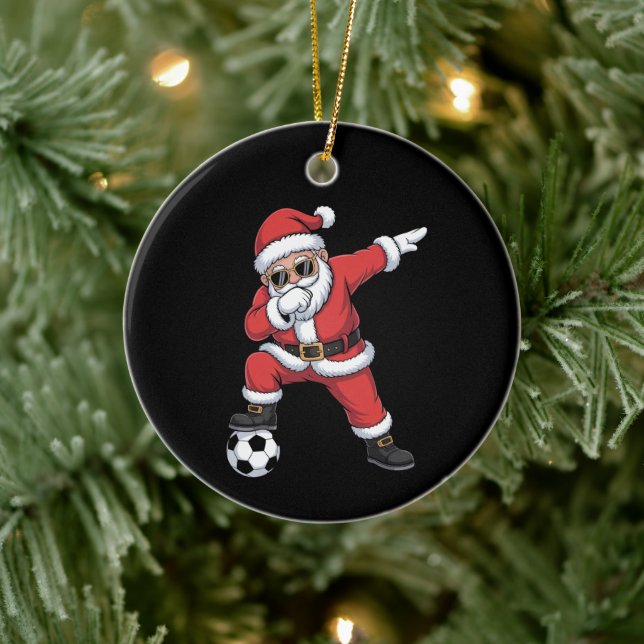 Santa Claus Soccer Dabbing Santa Gift Christmas Ceramic Ornament (Tree)