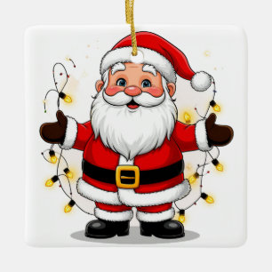 Santa Claus Standing With Christmas Lights Ceramic Ornament