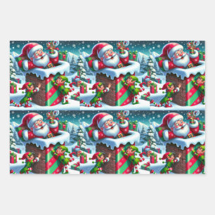 Santa Claus Stuck in a Chimney with Playful Elves Wrapping Paper Sheet