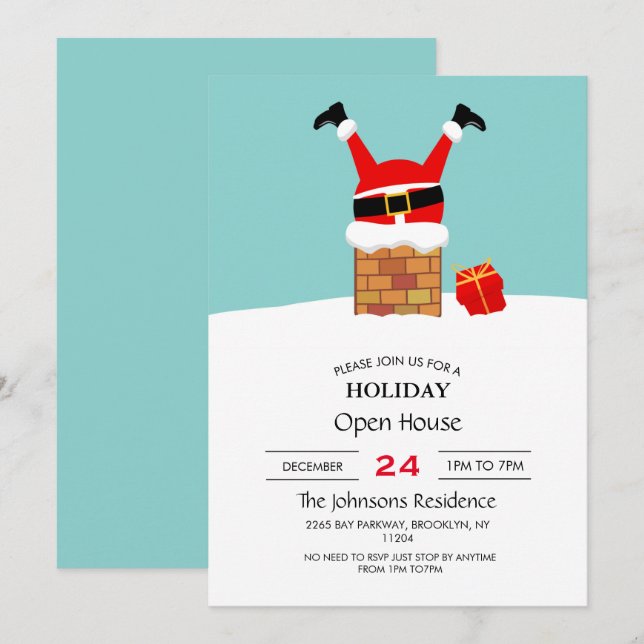 Santa Claus stuck in the chimney on the roof       Invitation (Front/Back)