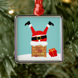 Santa Claus stuck in the chimney on the roof Metal Ornament