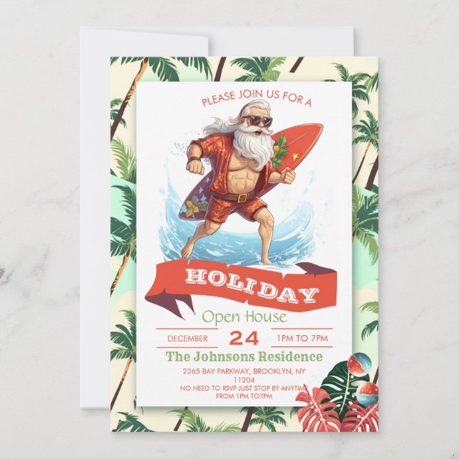 Santa Claus Surfer Cartoon Illustration Invitation (Front)