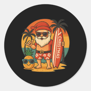 Santa Claus Surfing Hawaii Christmas Beach Fun  Classic Round Sticker