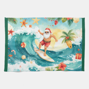 Santa Claus surfing on Christmas Holiday Kitchen Towel