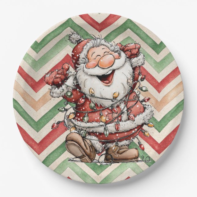 Santa Claus Tangled In Christmas Lights Paper Plate (Front)