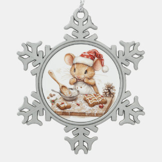 Santa Claus the mouse is making Christmas gingerbr Snowflake Pewter Christmas Ornament