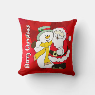 Santa Claus & The Snowman Colourful Illustration Throw Pillow