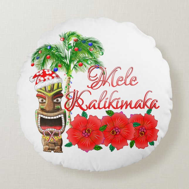 Santa Claus Tiki Mele Kalikimaka Round Pillow (Front)