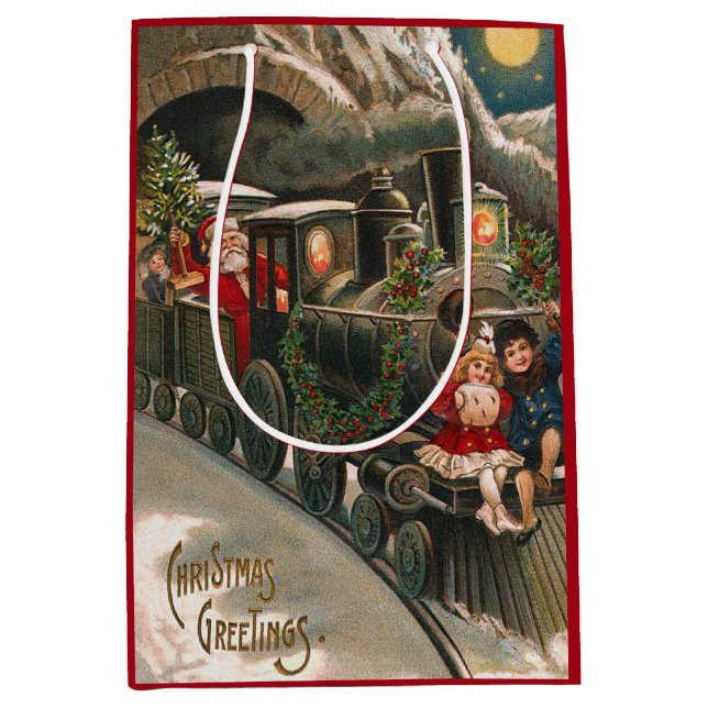 Santa Claus Train VIntage Christmas Medium Gift Bag (Front)