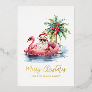 Santa Claus Tropical Beach Christmas Foil Holiday Card