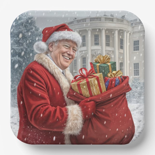 Santa Claus Trump With Gift Bag Paper Plate (Front)
