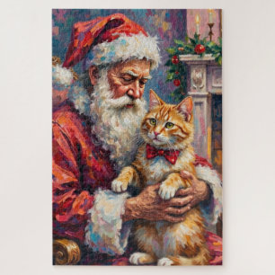 Santa Claus Turkish Angora Cat Christmas Art Jigsaw Puzzle