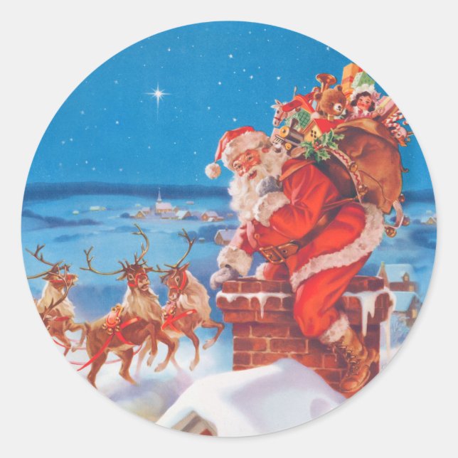 Santa Claus Up On The Rooftop With His Reindeer Classic Round Sticker (Front)