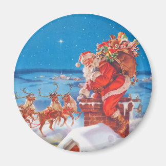 Santa Claus Up On The Rooftop With His Reindeer Magnet
