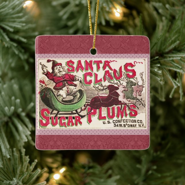 Santa Claus Vintage Illustration Sleigh Ceramic Ornament (Tree)
