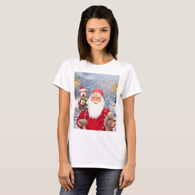 Santa Claus w Christmas Gifts Airedale Dog T-Shirt (Front Full)