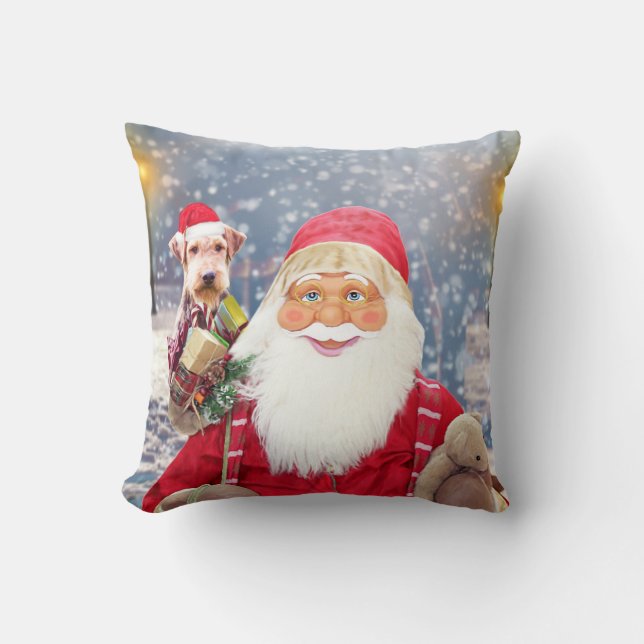 Santa Claus w Christmas Gifts Airedale Dog Throw Pillow (Front)
