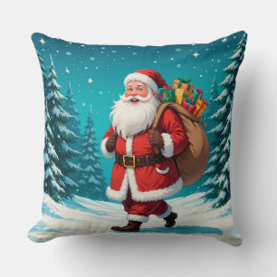 Santa Claus Walking Joyfully in a Snowy Winter Throw Pillow