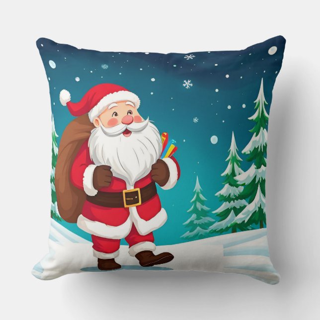 Santa Claus Walking Joyfully in a Snowy Winter Throw Pillow (Front)