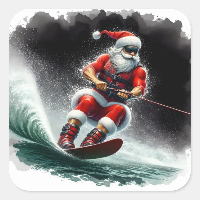 Santa Claus Water Skiing During the Festive Season Square Sticker (Front)