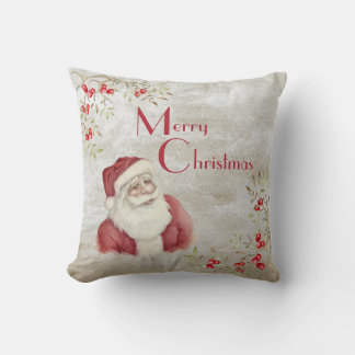 Santa Claus Watercolor Winter Berries Vintage Red Throw Pillow