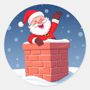 Santa Claus Waving Joyfully in Chimney Classic Round Sticker