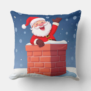 Santa Claus Waving Joyfully in Chimney Throw Pillow